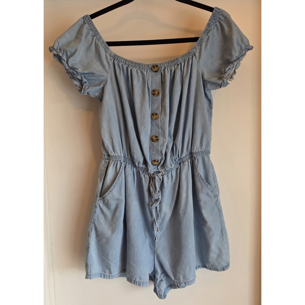 Guess Romper Women M Light Blue Solid Off Shoulder Short Sleeve Casual Cotton